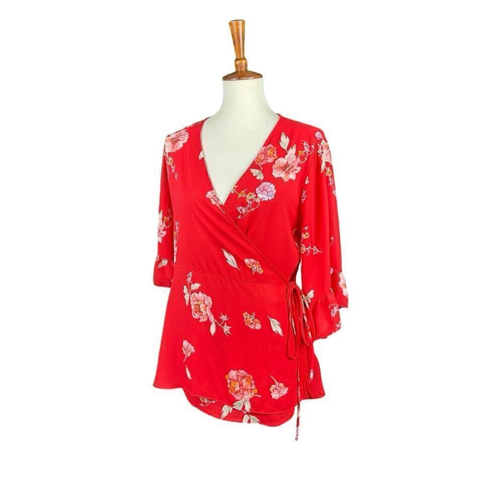 Pleione Coral Pink Wrap Blouse Floral Print Women Medium Ruffle Sleeve Flowy